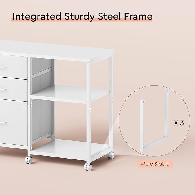 3 Drawer File Cabinet with Wheels Rolling Printer Stand with Open Storage Shelf Fabric Lateral Filing Cabinet for Home Office,White