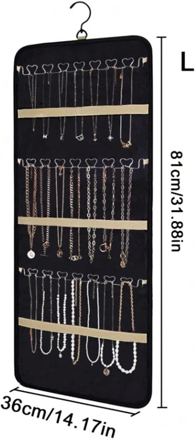 Jewelry Organizer Hanging Storage Roll-Large Closet Wall Jewelry Storage Organizer with Hanger Metal Hooks Travel Jewelry Holder for Earrings, Necklaces, Rings (Black)