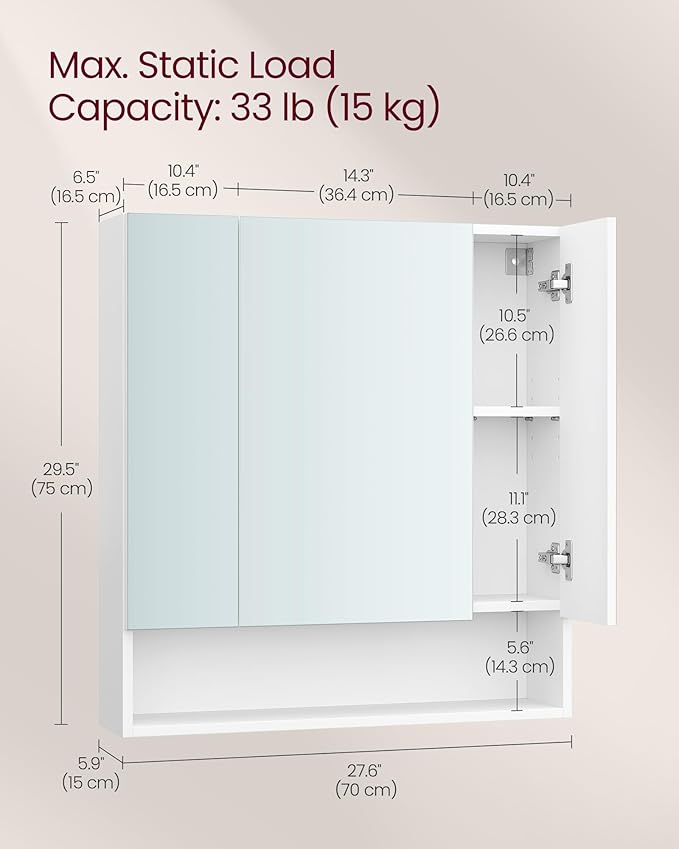 VASAGLE KAILYN Collection - Medicine Cabinet Mirror, Bathroom Wall Mirror Cabinet with Storage, Open Compartment, Adjustable Shelves, 6.5 x 27.6 x 29.5 Inches, Cloud White UBBK129W01