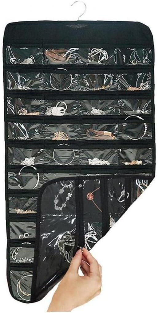 Hanging Jewelry Organizer Dual Zippered 43 Pockets 360°Rotating Double Sided Storage Pouch Wall Door Necklaces Sunglass Earrings Holders