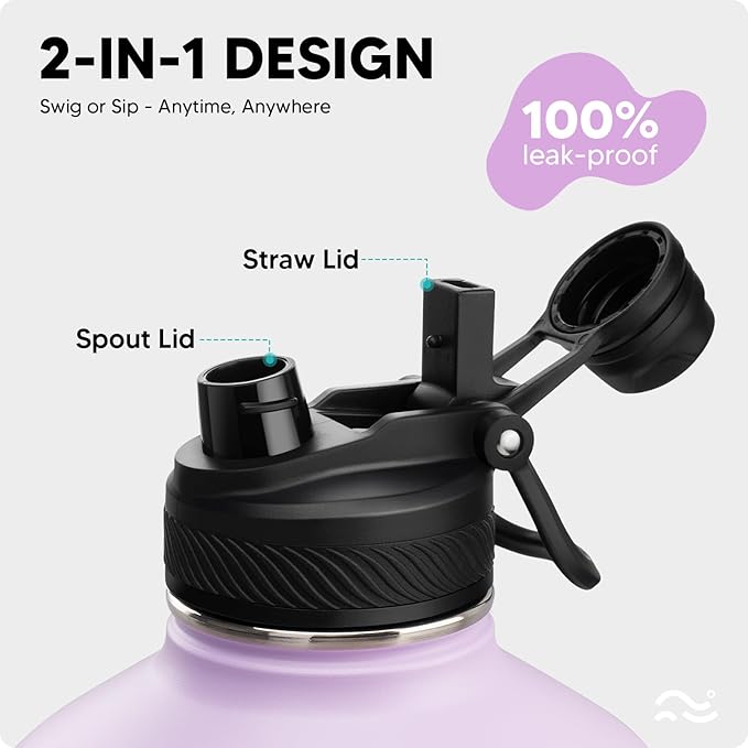 [2-IN-1 LID] Gallon Insulated Water Bottle with Silicone Boot (48hrs Cold/24hrs Hot) - DIY Stickers, Leakproof, BPA Free, 128 oz