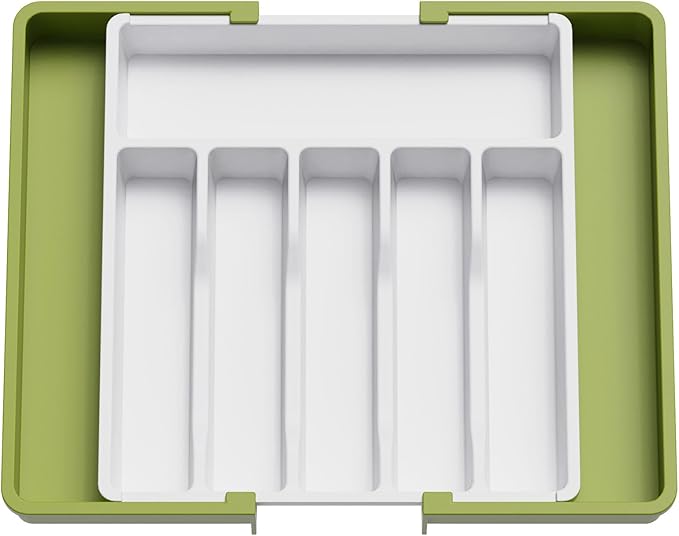 Lifewit Silverware Drawer Organizer, Expandable Utensil Tray for Kitchen, BPA Free Flatware and Cutlery Holder, Adjustable Plastic Storage for Spoons Forks Knives, 13-22 x 15", Green&White