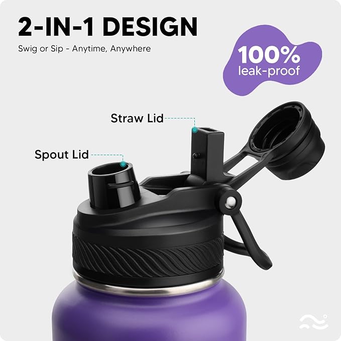 [2-IN-1 LID] Insulated Water Bottle with Silicone Boot (36hrs Cold/18hrs Hot) - DIY Stickers, Leakproof, BPA Free, 32 oz