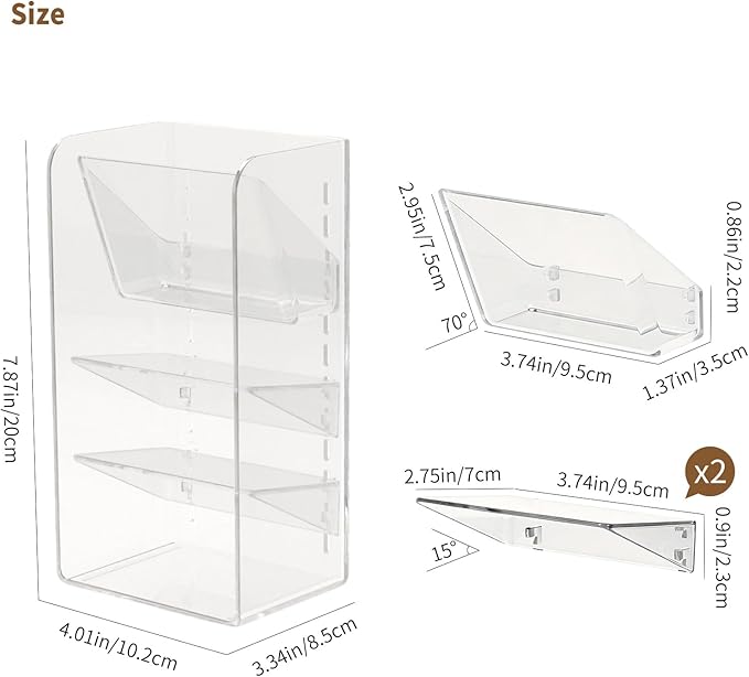 Medicine Cabinet Organizer with Adjustable Dividers, Clear Vertical Layered Backward Slanting Shelves for Makeup Brush/Lip Gloss/Mascara Storage (3-Tier Slant-Gentle Slant)