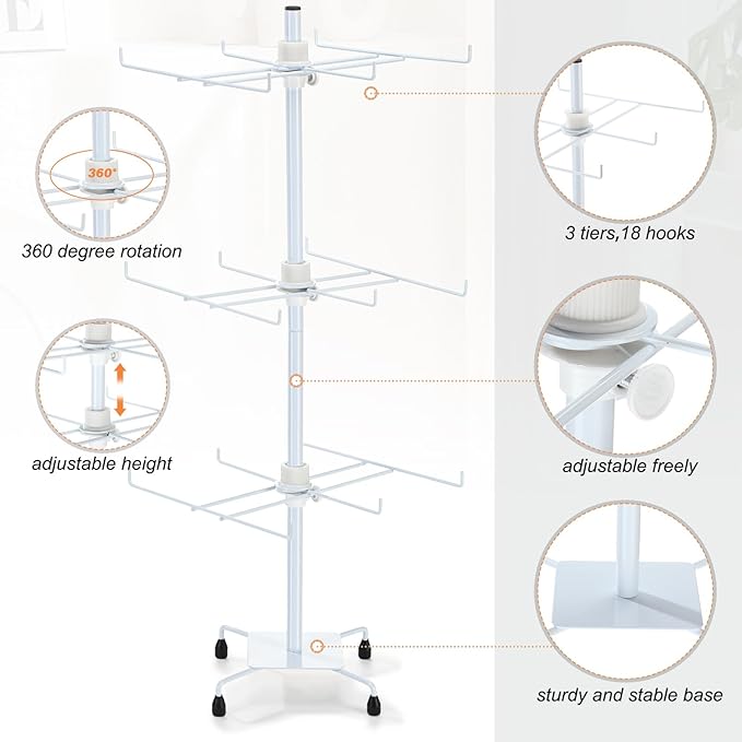 2 Pcs Jewelry Rotating Display Stand Adjustable Metal Earrings Bracelet Display Rack Hanging Jewelry Spinning Organizer Tree with Hooks for Vendor Events Selling(3 Tier,White)
