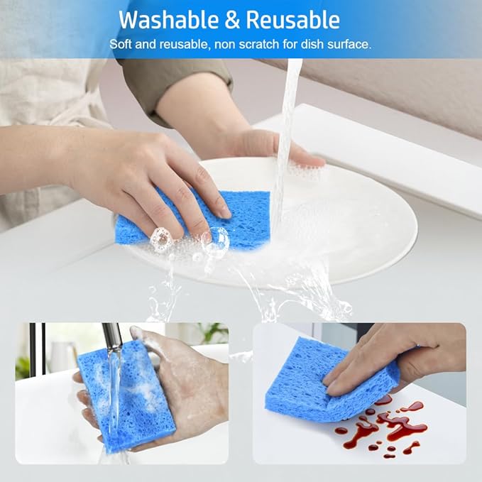 Mcyye 8PCS Compressed Kitchen Sponges Pack for Household Use, Premium Dish Sponges Kitchen Natural, Non Scratch Cleaning Sponges for Dishes, Dishwashing Brushes, Save Space, Blue & White Sponge