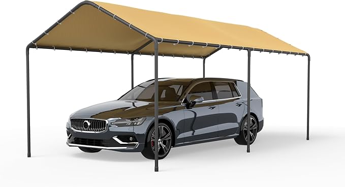 Carport, 10‘ x 20’ Heavy Duty Portable Garage All-Season Car Canopy, Outdoor Garage Boat Shelter Carport Canopy Party Tent w/Water-Resistant Tarp for Backyard (Yellow, 10' x 20' /no Side)