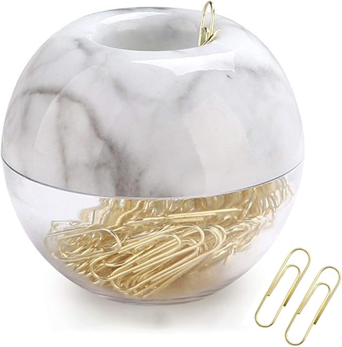 Magnetic Paper Clip Holder, Marble White holder with Gold PaperClips 100pcs 28mm(1.1") Cute Office Supplies for Desk Organizer
