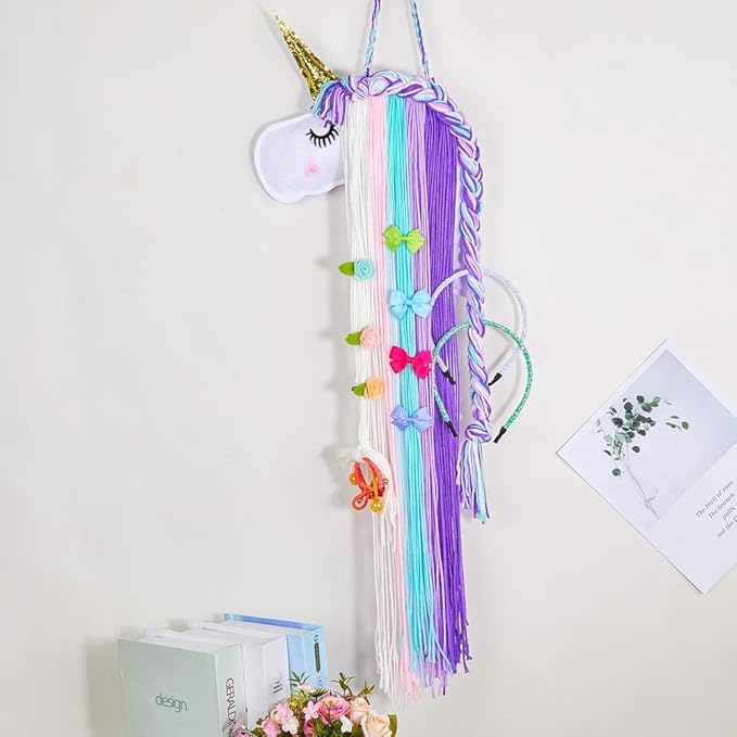 Beinou Unicorn Hair Clips Holder With Rainbow Hot Pink Yarn Tassels, Bows Storage, Shy Face Headband Organizer for Theme Party Decorations