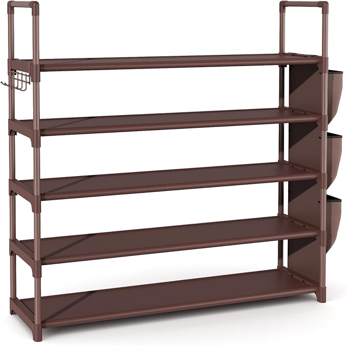Shoe Rack for Closet Shoe Organizer Space Saver Storage for 20-25 Pair Shoe Shelf with Hook and Side Pocket Free Standing 5 Tier Shoe Rack Organizer for Entryway,Small Spaces, Brown