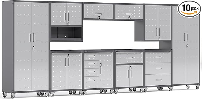 Garage Storage Cabinets System 10 PCS Workshop Set with Drawers Locking Heavy Duty Rolling Cart with Adjustable Shelves Garage Tool Workbench Cabinets (10 PCS)