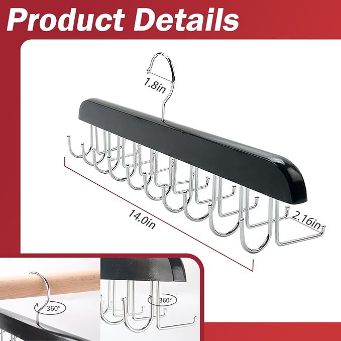 2 Pack 2 in 1 Belt Tie Hanger for Closet Max 60 Belts with 60 Ties Capacity, 40 Hooks Belt Tie Racks Wooden Hanger for Closet Organizer Storage “U” Fit Belt and “一” Fit Tie