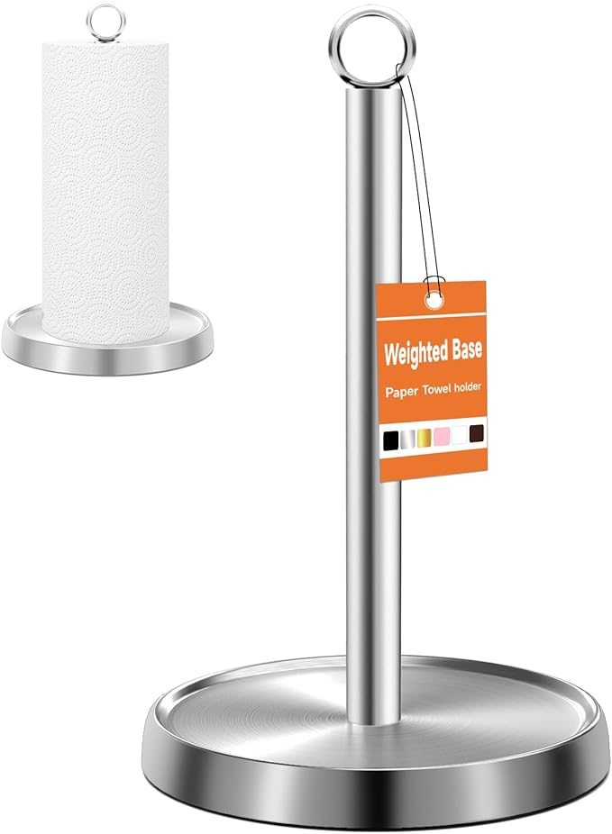 Paper Towel Holder Countertop, Stainless Steel, Weighted Base, Paper Towel Stand Holder for Kitchen Bathroom Farmhouse Essentials Decor Accessories, Silver