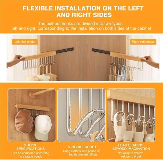 2 Pack Pull Out Closet Hanger with 8 Hooks,Valet Rod for Closet Pull Out,Sliding Side Mount Clothes Rack for Ties,Belts, Scarves,Space Saving Organizer,Pants Hooks for Jeans (Right-Pull)