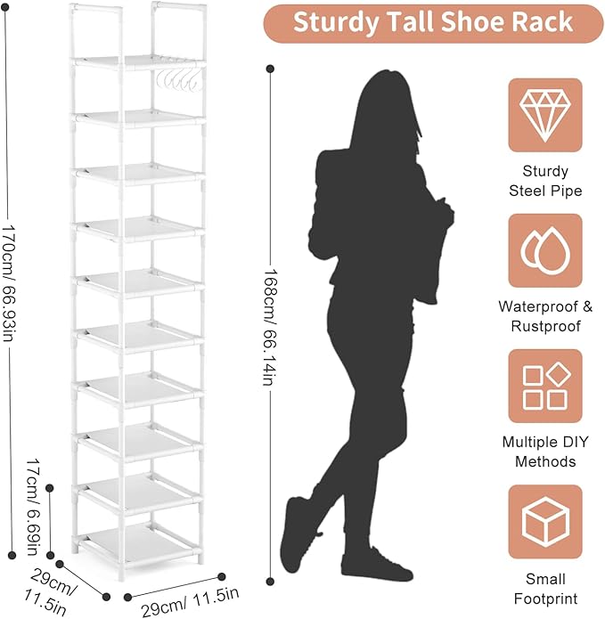 Tall Narrow Shoe Rack 10-Tier Skinny Shoe Shelf Storage for 10-15 Pairs Shoes and Boots, Space Saving Corner Shoe Rack Organizer for Closet, Entryway, Garage, Living Room,White