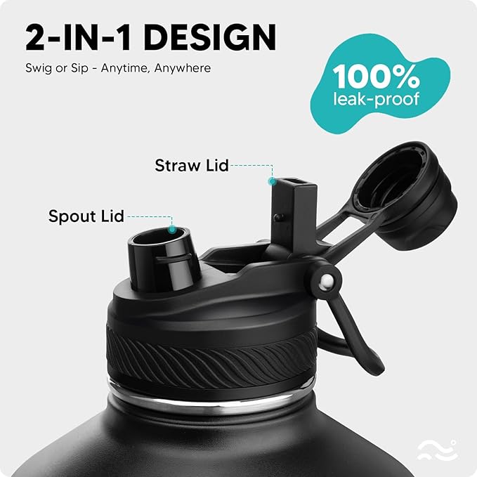1 Gallon Insulated Water Bottle with Silicone Boot (48hrs Cold/24hrs Hot) - DIY Stickers, Leakproof, BPA Free, 128 oz [2-IN-1 LID]