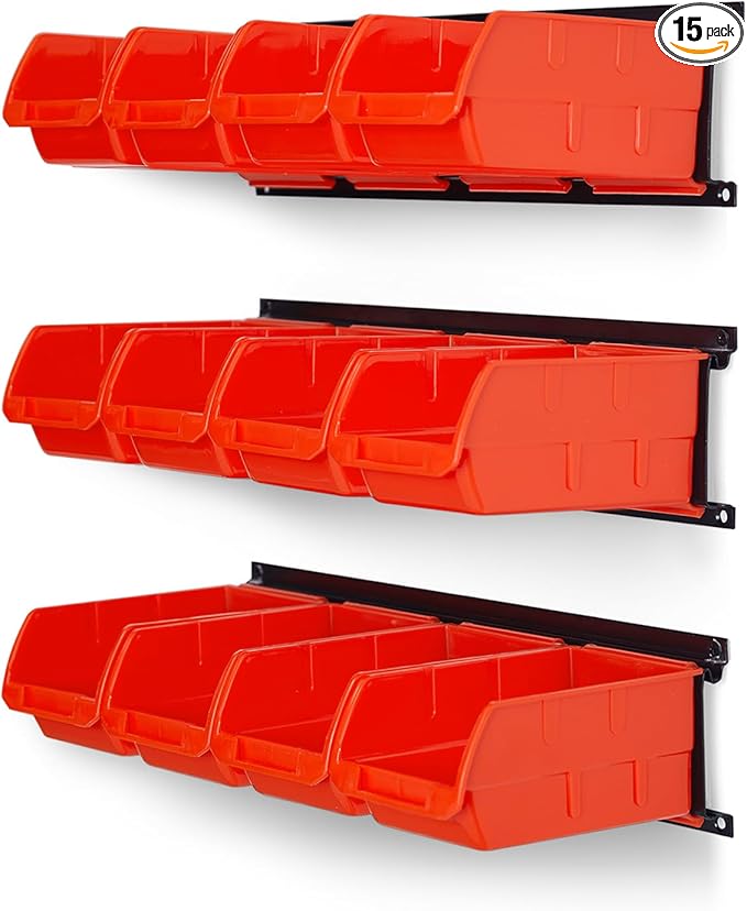Ultrawall Wall Mounted Storage Bins, Plastic Hanging Storage Organizer Bins, Garage Tool Storage System for Screws, Nuts, Bolts, Nails, and Small Hardware Parts, 12x bins & 3 x rails, Orange