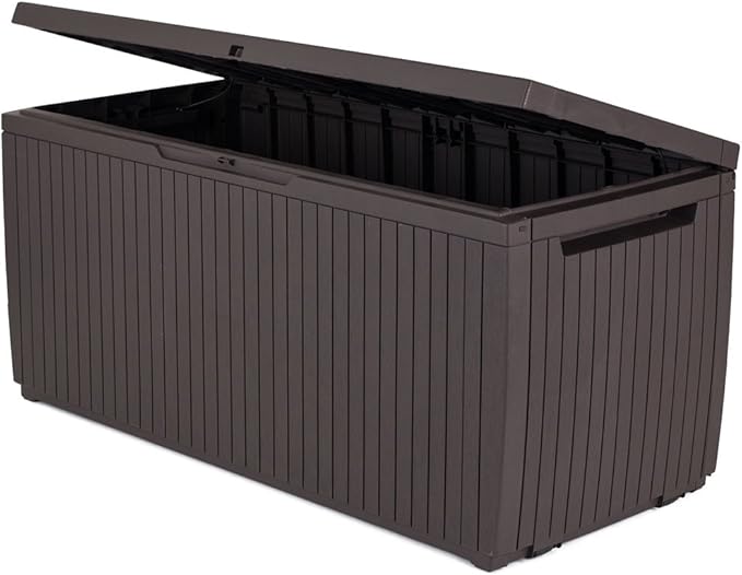 Keter Springwood 80 Gallon Resin Outdoor Storage Box for Patio Furniture Cushions, Pool Toys, and Garden Tools with Handles, Brown