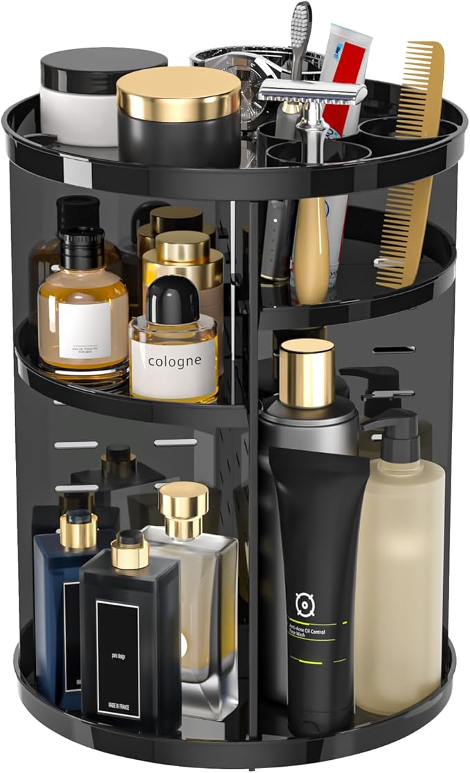 Rotating Makeup Organizer for Vanity, 360 Spinning Skincare Organizers with Adjustable Trays, Make Up Desk Storage Carousel Rack, Cosmetic Display Cases for Dresser Bathroom Countertop
