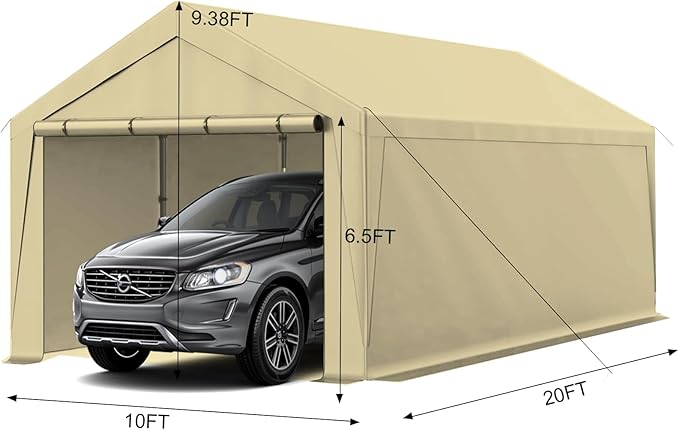 10x20 Carport, Heavy Duty Carports with Removable Sidewalls, Waterproof and UV-Resistant, Portable Outdoor Garage Shelter for Cars, Vehicles, and Boats (Beige)