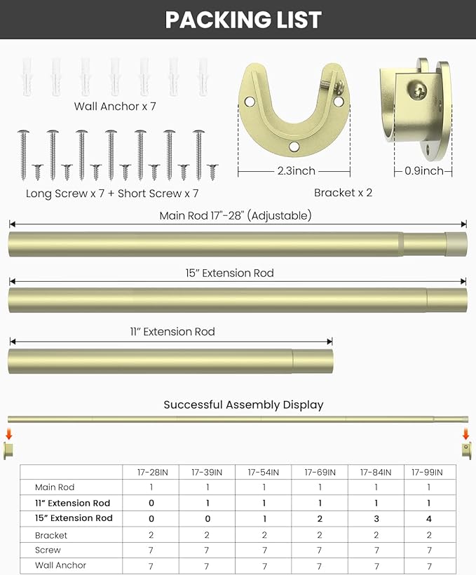 Closet Rods for Hanging Clothes, 17 to 28 Inches Stepless Adjustable Metal Closet Rod, 1.3 Inches Heavy Duty Clothes Hanging Rod for Closet Wardrobes Laundry RV, Verdant Gold