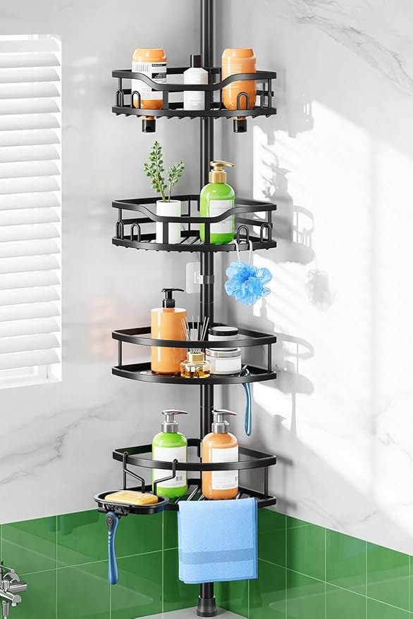 HAMITOR Shower Caddy Tension Pole: Rustproof Quick Install Corner Bathroom Organizer Shelf on Floor for Renters - 4-Tier Large Capacity Storage Rack with Soap Holder for Apartment -47-121 Inch/Black