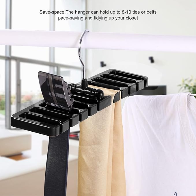 10 Slot Tie Belt Scarf Rack Organizer Sturdy Plastic Closet Wardrobe Space Saver Multifunctional Rotating Hanger for Ties Belts Scarves Accessories Black Brown Beige 30.5 x 7.3 x (Black)