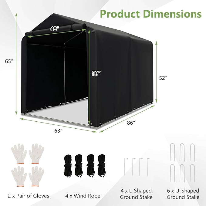 Goplus Portable Storage Shed, 7 x 5.2 x 5.4 Ft Heavy Duty Motorcycle Shed w/Roll-Up Zipper Door, Metal Frame, Waterproof Cover & Wind Rope, Outdoor Storage Tent Shelter for Bike, Garden Tools