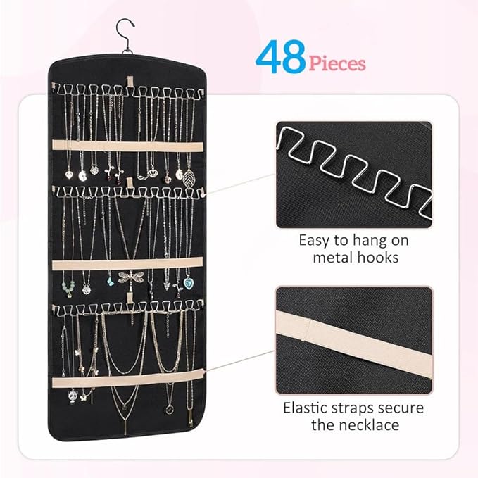 Hanging Jewelry Organizer Storage Roll with Hanger Metal Hooks Double-Sided Jewelry Holder for Earrings, Necklaces, Rings on Closet, Wall, Door 33 * 14IN (Pink)