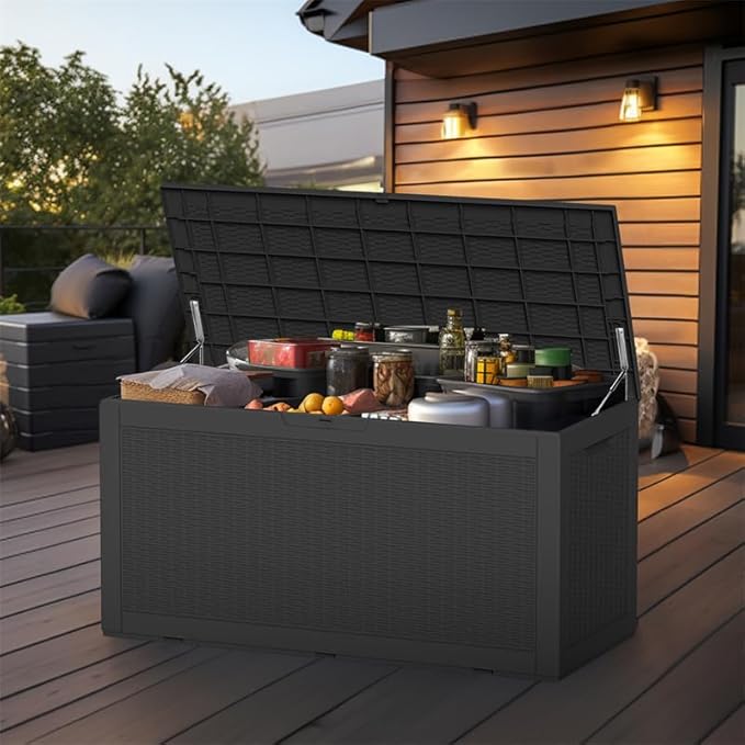120 Gallon Outdoor Deck Box, Lockable Waterproof Outdoor Storage Boxes For Garden Tools,Indoor Cushions,Accessories Outside Storage Resin Weatherproof Container(Black)