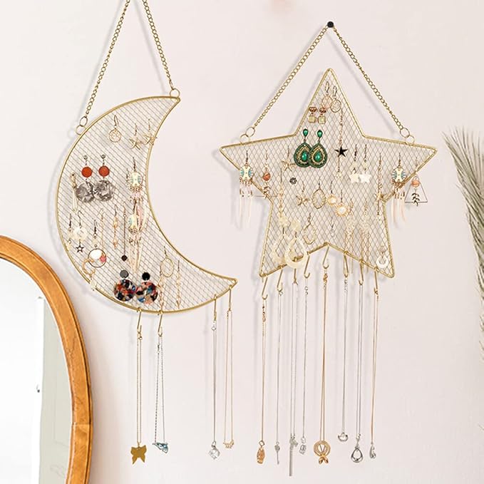 Eforcase Earring Wall Holder Hanging Jewelry Storage Organizer, Metal Grid Moon Shape Jewelry Rack Hanging Jewelry Organizer Gift for Women and Girls