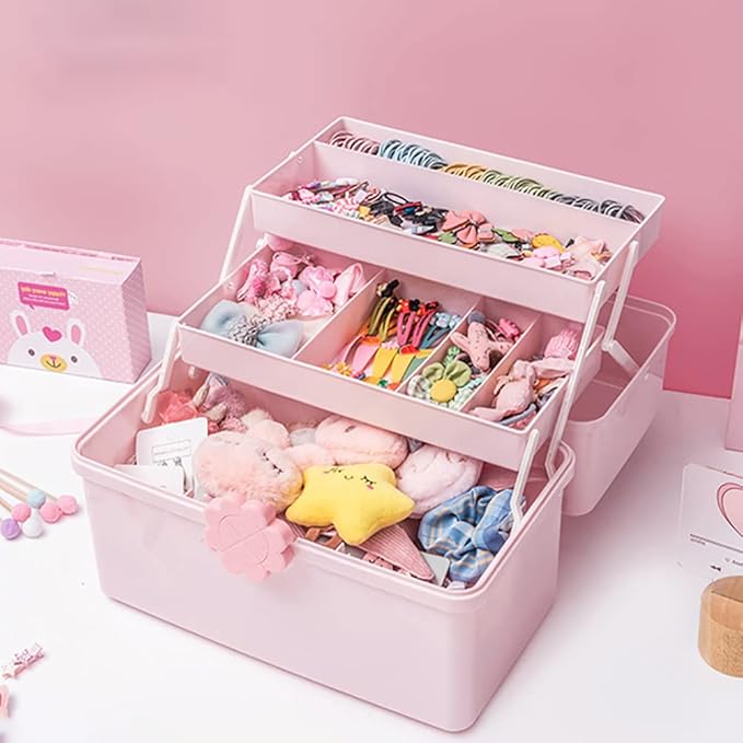 Kids Hair Accessories Organizer for Girls, Multi Layer Hair Accessories Organizer Storage Box with Stickers, Lids, and Handle, Plastic Hair Tie Holder Organizer for Toddler Girls