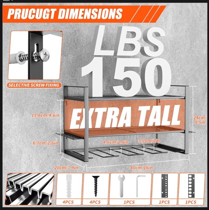 Power Tool Organizer, Wall Mount for 4 Drills, 3 Layer Duty Metal Tool Rack with Screwdriver and Hammer Holder, Work Shop,Garage Storage,150Lbs Load Capacity
