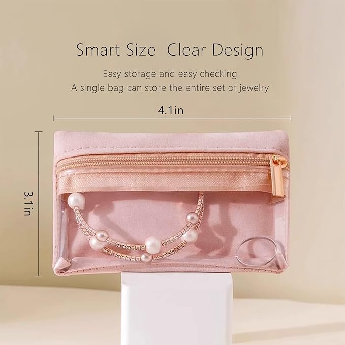 Small Travel Jewelry Pouches, 6PCS Clear Jewelry Organizer Bags with Soft Velvet and Zipper, Pocket Storage Bag Case Purse Organizer for Women Girl Gift