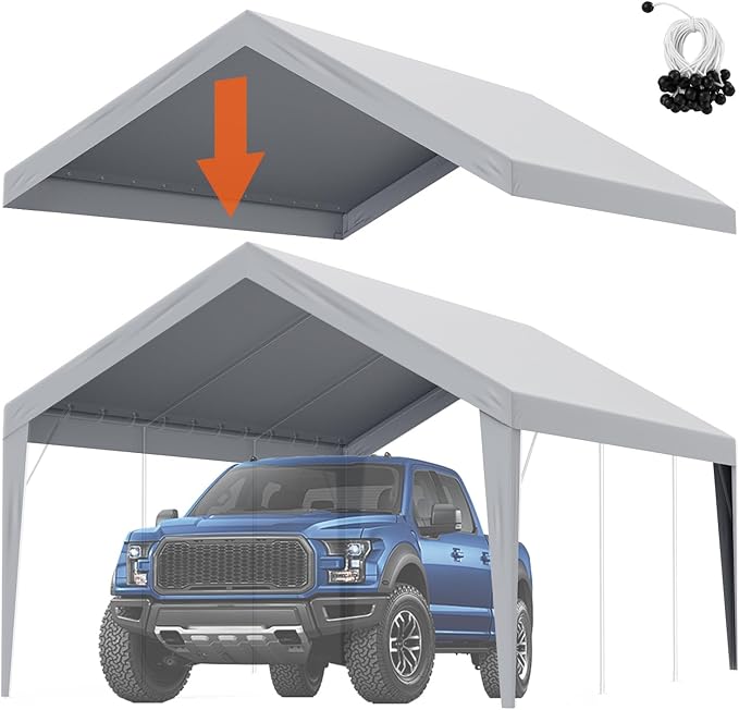 VEVOR Carport Replacement Canopy Cover 12 x 20 ft, Garage Top Tent Shelter Tarp Heavy-Duty Waterproof & UV Protected, Easy Installation with Ball Bungees,Grey (Only Top Cover, Frame Not Include)