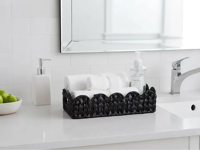 Balck Toilet Basket,Set of 2 Scalloped Wicker Basket with Built-in Handles,Long Back of Toilet Baskets for Shelf,Tank Topper,Countertop,Rectangle