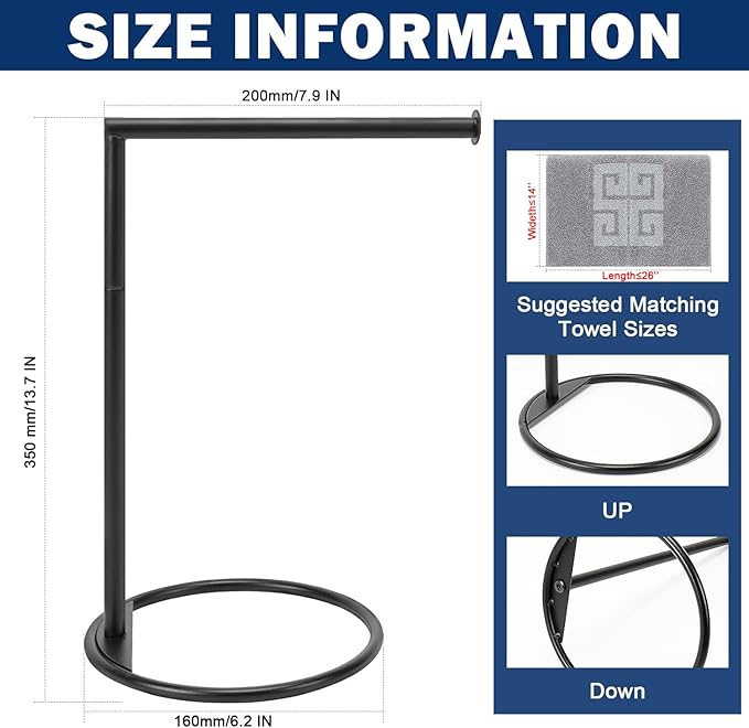 NearMoon Hand Towel Holder Stand, Thicken Metal L Shape Hand Towel Rack, Small Towel Ring, Stable Standing Towel Bar for Bathroom Kitchen Vanity Countertop, 8” L 14” H (Matte Black, 2 Pack)