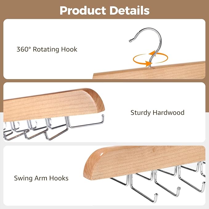 Tie Holders for Closet 2 Pcs, Tie Rack Hanger Hooks, Natural Wood Finish, 20 Rotating Hooks Each, Multi-Functional Storage for Ties Belts Scarves