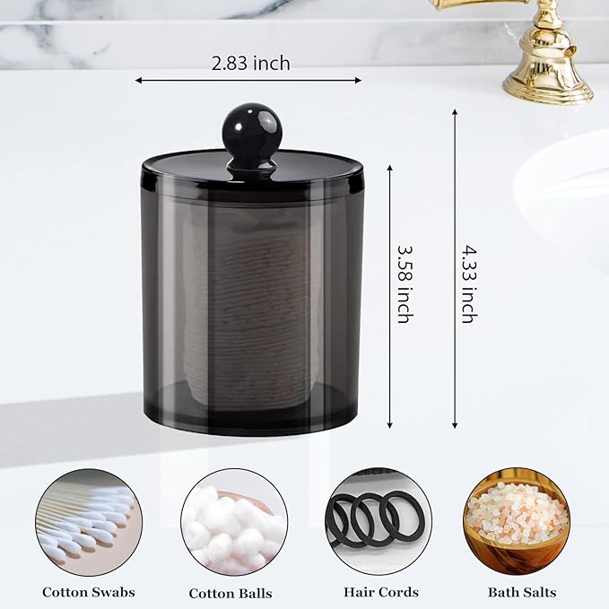 SheeChung 2-Pack Qtip Holder,Clear Black Acrylic Apothecary Jar,Bathroom Jars with Lids - Shatterproof Qtip Holder Dispenser for Bathroom Vanity - 10oz Small Cotton Ball & Swab Storage Canisters