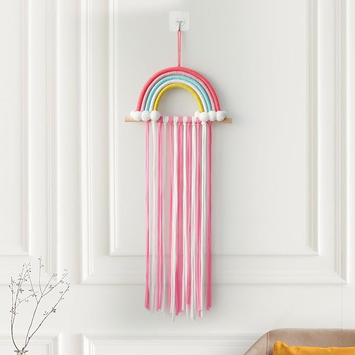 Macrame Bow Holder Hair Bow Organizer for Girls Hair Bows Wall Decor Woven Hanging Rainbow Clip Organizer Decor Bow Hanger