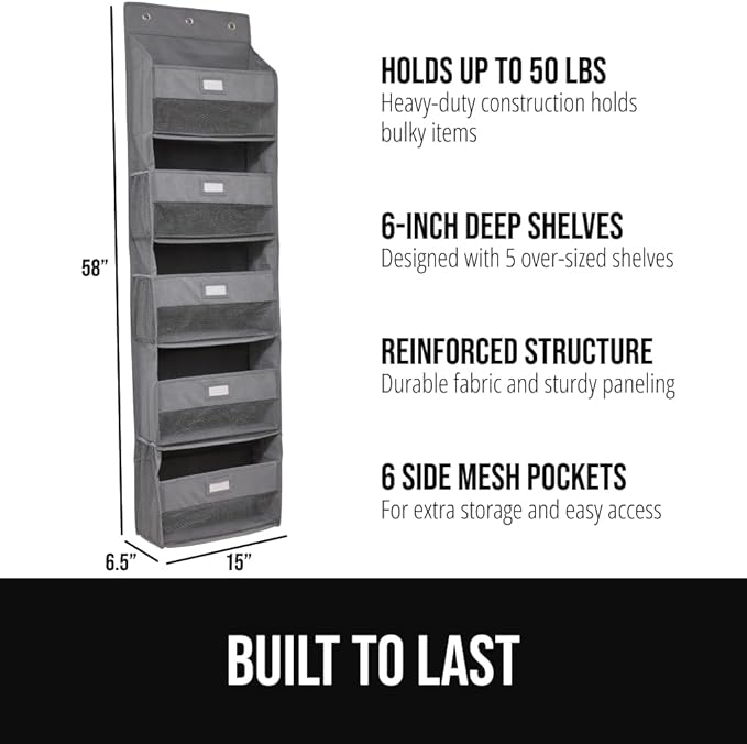 GORILLA GRIP Over The Door Organizer Storage, 5 Deep Hanging Shelves, Holds 50lbs, Closet Organizers Shelf for Bedroom, Bathroom, Nursery, Dorm Essentials, 3 Metal Hooks, 58x15 Inches, Gray