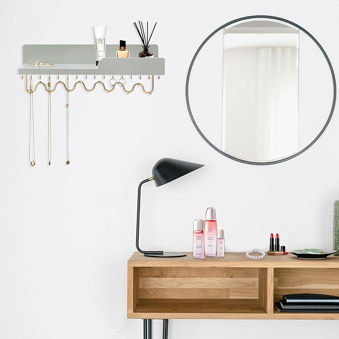 29 Hooks Wall Mount Necklace Holder Organizer, Gray Decorative Wood Jewelry Shelf with Gold Metal Wave Bar and Guardrail for Necklace, Pendant, Chain, Bracelet