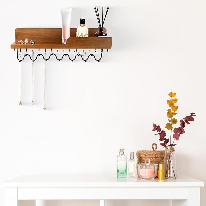 29 Hooks Wall Mount Necklace Holder Organizer, Natural Decorative Wood Jewelry Shelf with Gold Metal Wave Bar and Guardrail for Necklace, Pendant, Chain, Bracelet