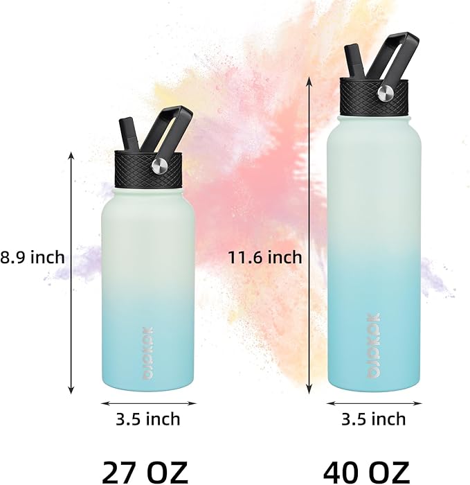 BJPKPK Insulated Water Bottles with Straw Lid, 40oz Stainless Steel Water Bottles with 3 Lids, BPA Free Leakproof Thermo, Tumblers, Cups for Sports, Gym- Mint