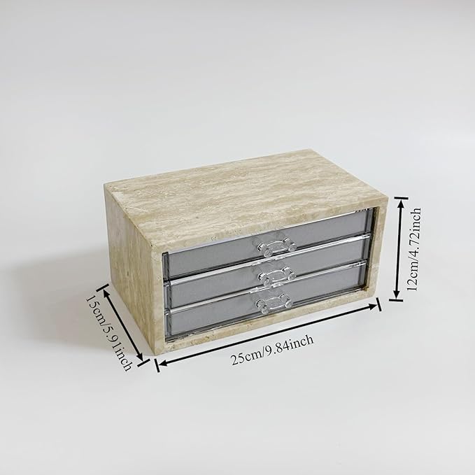 Natural Travertine Jewelry Box with 2 or 3 Drawer Organizers, Velvet Lined Storage for Rings and Necklaces (Small-3)