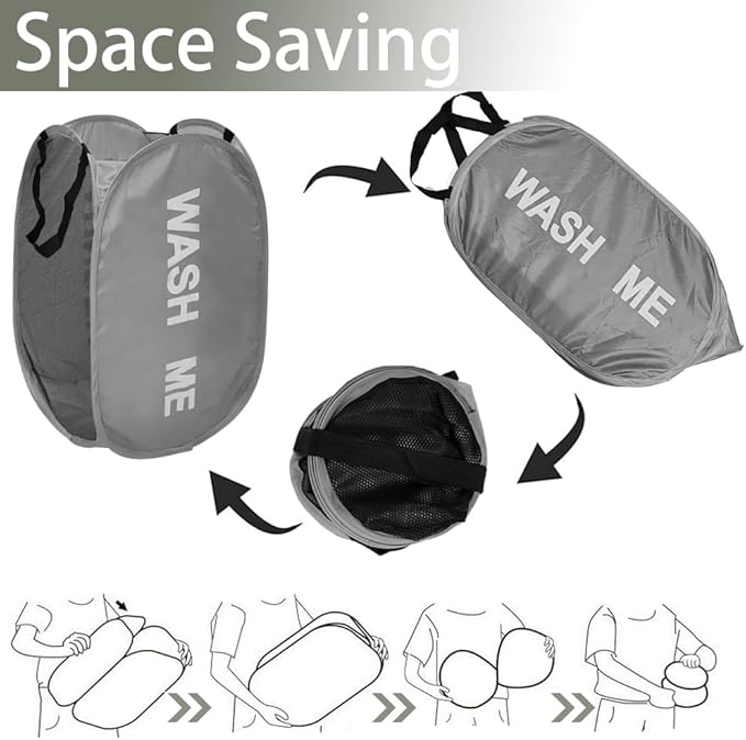 Pack of 2 Mesh Pop Up Hampers Collapsible Laundry Baskets for Dirty Clothes Storage With Side Pocket for Students, College Dorm, Apartment (Grey+Pink)