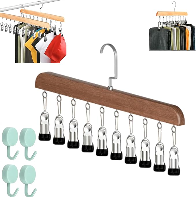 Closet Organizer with 10 Clips - Space Saving Hanging Closet Organizer, Legging Organizer for Closet Hanging, 360° Rotating Metal Clips with Silicone Lining for Hat Sock Clothes (1 Sets-A)