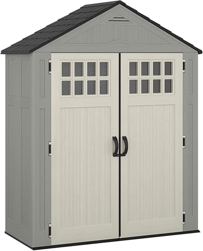 Suncast Everett 6x3 ft Vertical Storage Shed - Resin Outdoor Garden Shed with Floor, Windows, Skylight & Lockable Double Doors. Slim Yard Storage for Utility Tools & Backyard Equipment