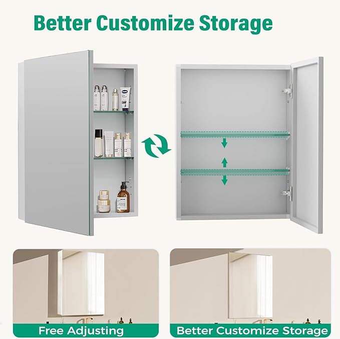 20 x 26 Inch Medicine Cabinet Mirror,Bathroom Mirror Cabinet with Adjustable Shelves,Aluminum Silver Medicine Cabinets for Bathroom,Recessed or Wall Mounted Medicine Cabinets