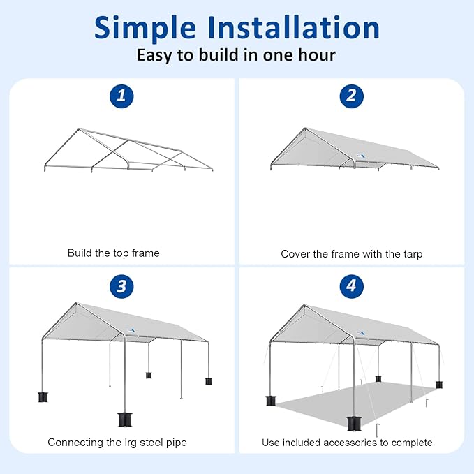 10x20 ft Heavy Duty Car Canopy Galvanized Frame Carport Outdoor Party Tent Boat Shelter with Reinforced Structure, No Sidewall - Light Grey